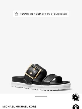 MICHAEL Michael Kors Black Leather Slide with Gold Buckle Accent